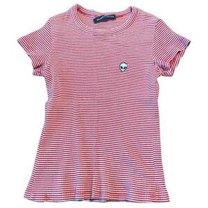 Brandy Melville Red White Striped Ribbed‎ Alien Patch T Shirt Top Womens